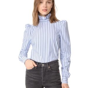 NWOT FRAME Ruffle Neck Poplin Shirt Size XS Blue Stripes Button Back Cotton $255